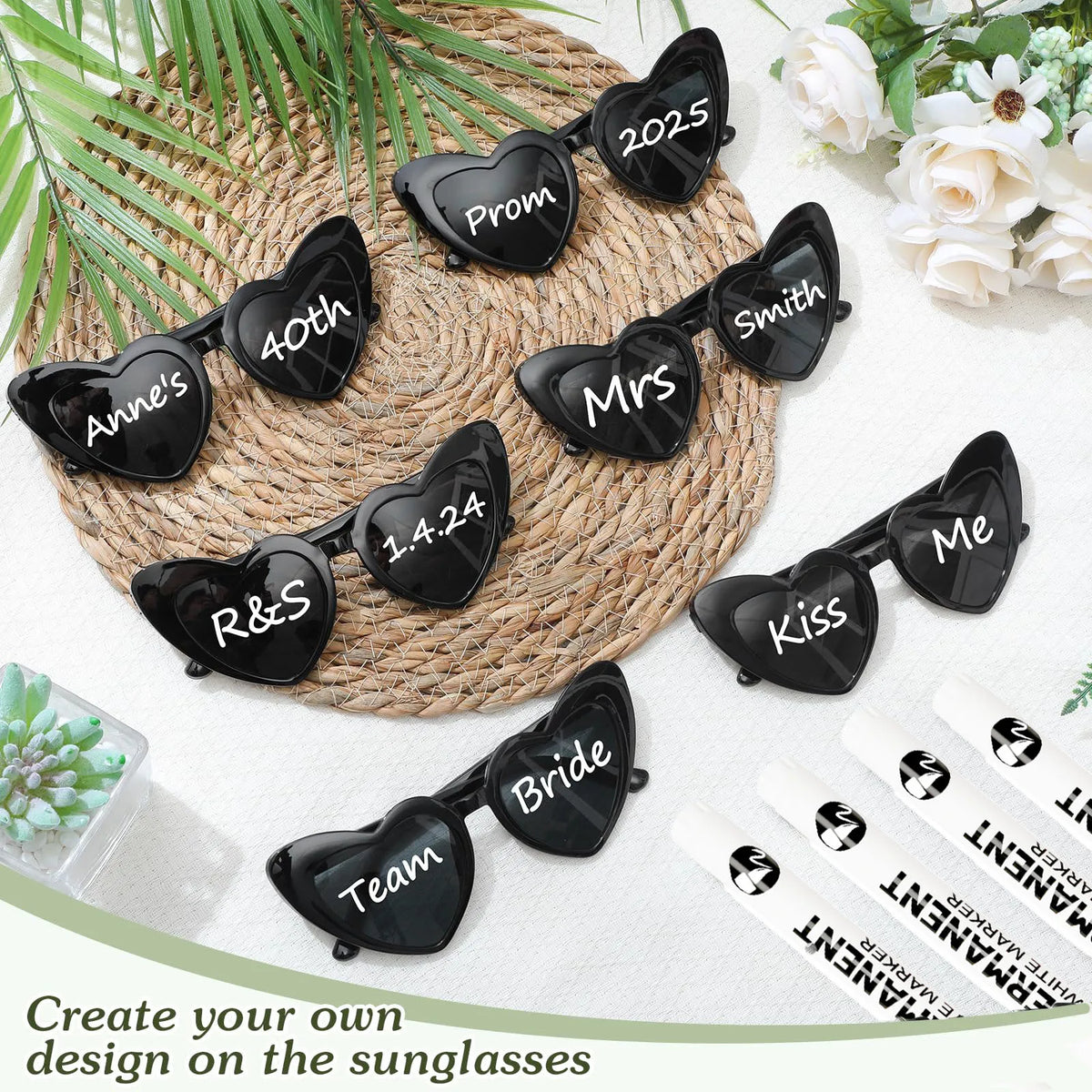 12–120PCS Personalized Heart Sunglasses with Pen – Wedding & Bachelorette Party Favors, Bridal Party Photo Props & Gifts