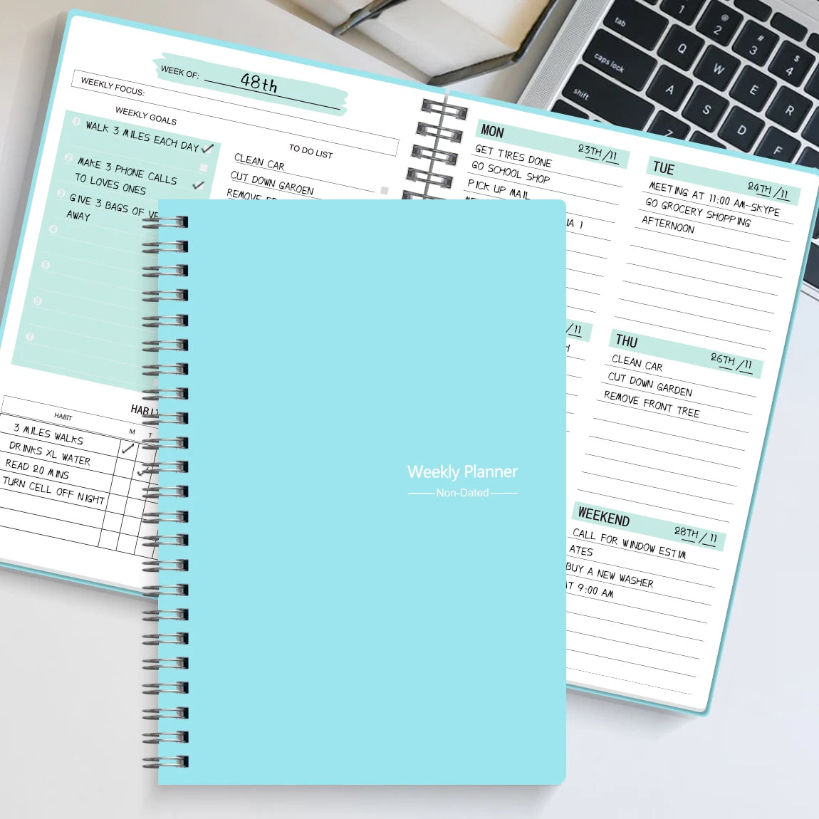 A5 Undated Weekly Planner Notebook – Spiral Agenda for Daily Planning, School & Office