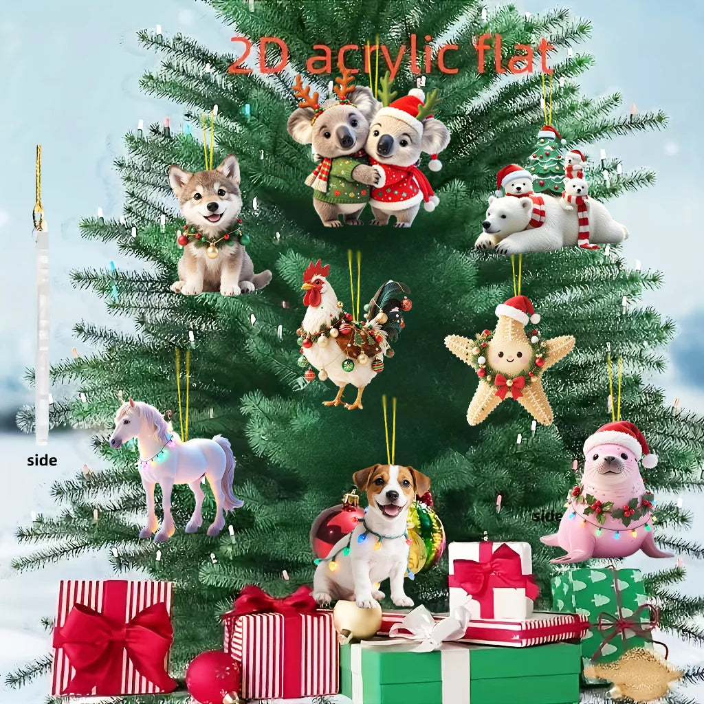 Christmas Animal Series 2D Acrylic Hanging Ornaments – Flat Xmas Tree Decorations for Party, Home, Backpack & Keychain Accessories