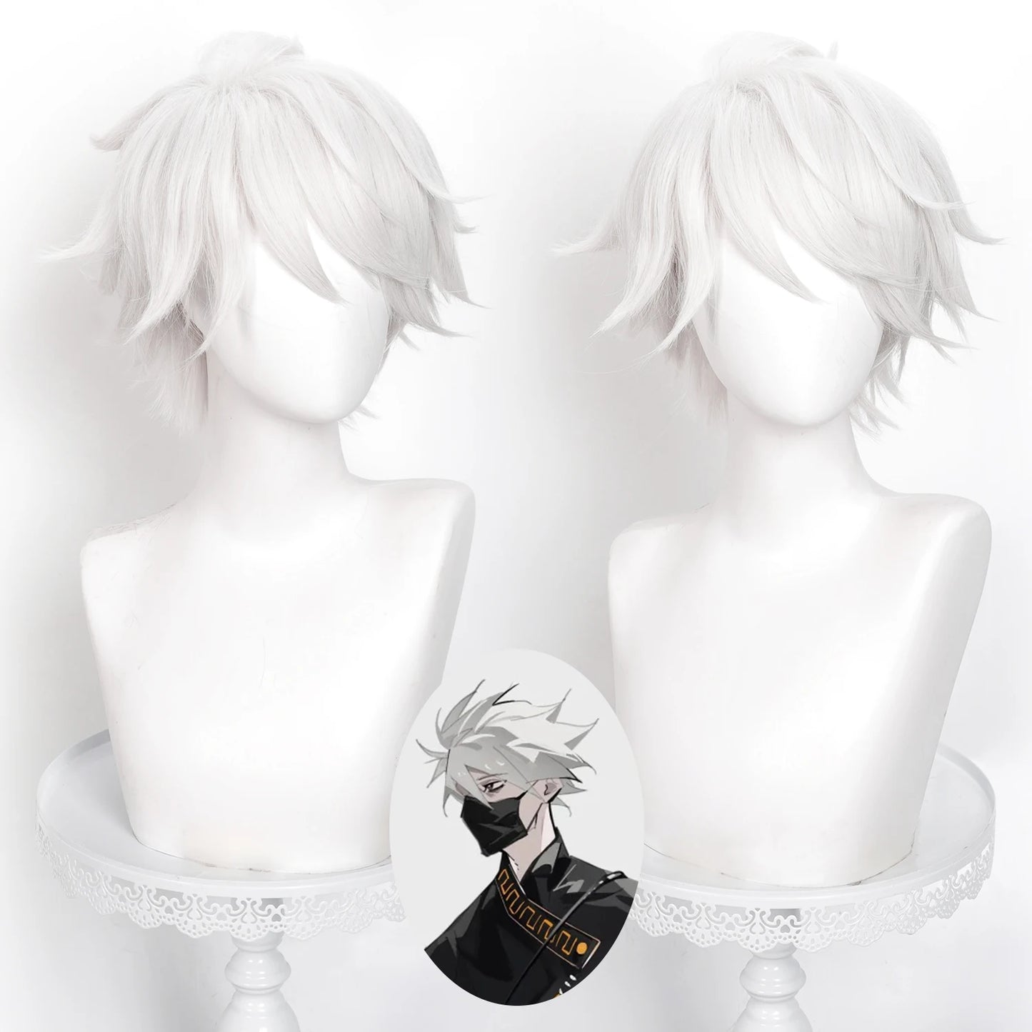 Ghostblade Inspired Silver White Cosplay Wig – Short Synthetic Anime Role Play Wig with Wig Cap