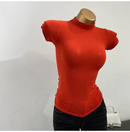 Half High Collar Korean T-Shirt – Transparent Short Sleeve Slim Fit Elastic Inner Top, Solid Color Bottoming Shirt for Women, Stylish Layering & Fashion Casual Wear