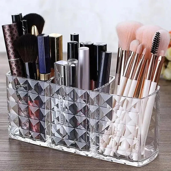 Diamond Pattern Mirror Cosmetic Storage Box – Bathroom Organizer Rack for Lipstick, Makeup, Skincare & Beauty Accessories Storage