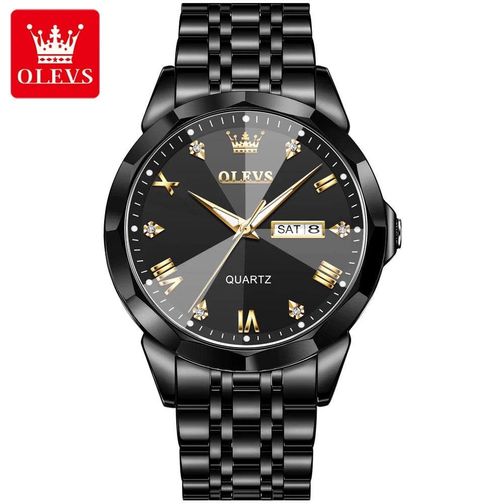 OLEVS 9931 Men’s Quartz Wristwatch – Luxury Diamond-Style Dial, Dual Calendar, Waterproof Design & Stainless Steel Strap