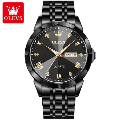 OLEVS 9931 Men’s Quartz Wristwatch – Luxury Diamond-Style Dial, Dual Calendar, Waterproof Design & Stainless Steel Strap