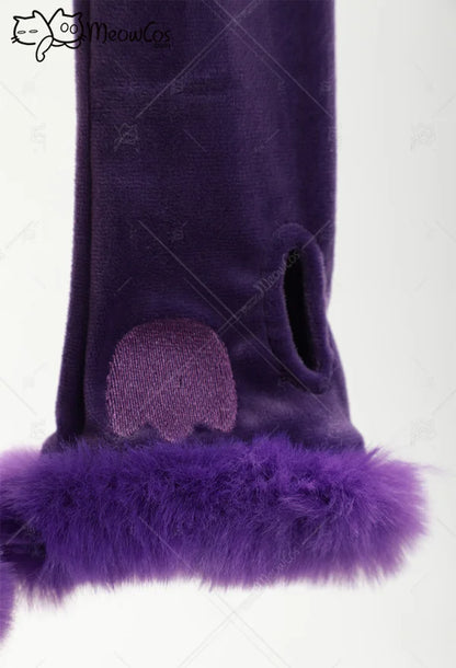Meowcos Genga Cosplay Costume – Purple Ghost Romper Bodysuit | Hooded Plush Outfit with Belt, Tail & Socks (Halloween / Women)