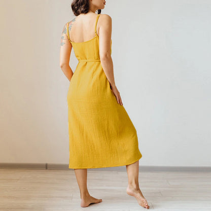 Vintage Women's Maxi Dress 100% Cotton Crepe Gauze V-Neck Sleeveless Bandage Long Elegant Summer Dress