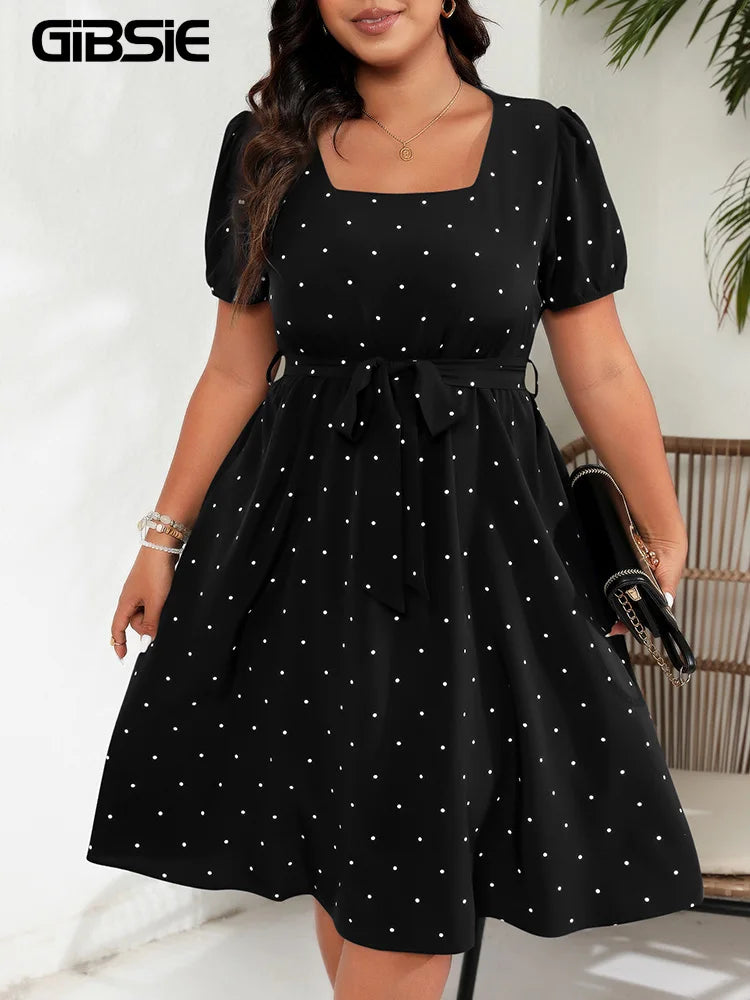 GIBSIE Plus Size Women's Polka Dot Dress – Elegant Square Neck Belted Puff Sleeve A-Line Swing Dress for Summer