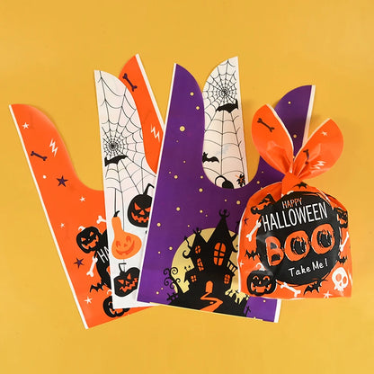 25/50PCS Halloween Candy Bags – Rabbit Ear Pumpkin Plastic Treat Bags for Candy, Cookies & Desserts, DIY Packaging for Kids’ Halloween Parties