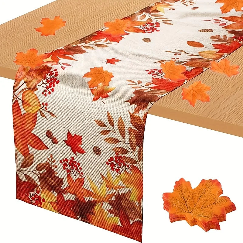 Autumn Maple Leaf Linen Table Runner – Thanksgiving Fall Leaves Dresser Scarf for Dining Table, Wedding, Holiday Party & Home Decor