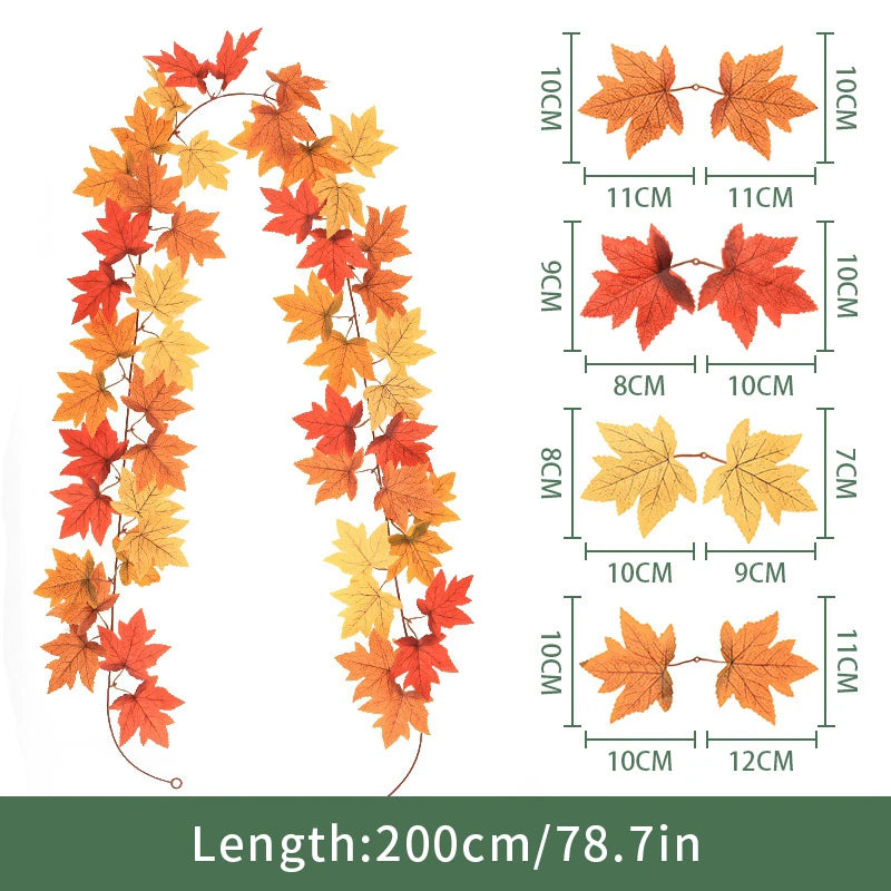 2M Artificial Maple Leaf Garland – Faux Fallen Leaves Autumn Rattan Decor for Thanksgiving, Halloween, Wedding, Christmas & Holiday Festivals