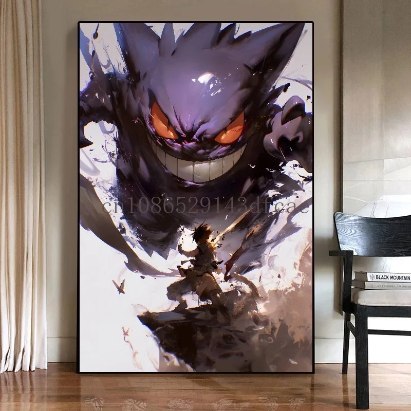 Pokémon Canvas Wall Art – Gengar Anime Ink Painting Poster Print for Living Room & Kids Room Decor