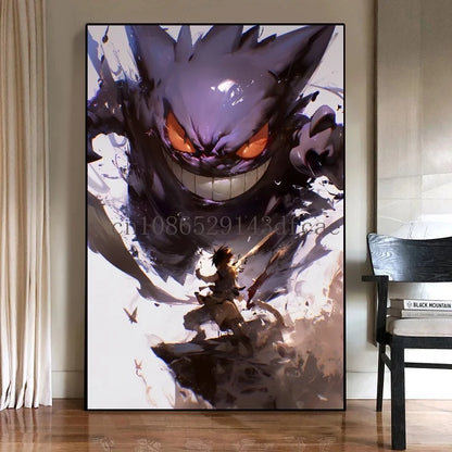 Pokémon Canvas Wall Art – Gengar Anime Ink Painting Poster Print for Living Room & Kids Room Decor