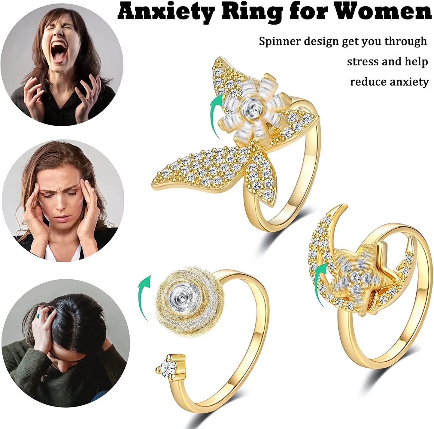 Anillo giratorio antiestrés de mariposa y flor con diamantes de imitación – Anillo giratorio antiansiedad para mujer | Joyería ajustable para aliviar el estrés