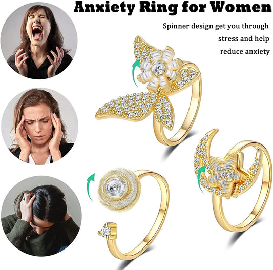 Anillo giratorio antiestrés de mariposa y flor con diamantes de imitación – Anillo giratorio antiansiedad para mujer | Joyería ajustable para aliviar el estrés