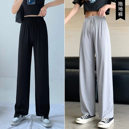 Plus Size Women's Ice Silk Wide-Leg Pants – High-Waist Lightweight Casual Trousers for Summer Sports & Everyday Wear
