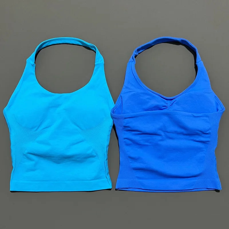 HISTELLO Women’s Seamless Longline Halter Sports Top – Built-in Bra with Removable Cups Yoga & Gym Tank Activewear