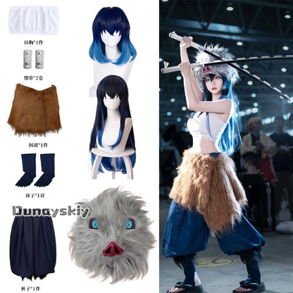 Anime Demon Slayer Hashibira Inosuke Cosplay Costume | Unisex S–L Outfit with Pig Mask for Halloween, Carnival & Comic Con