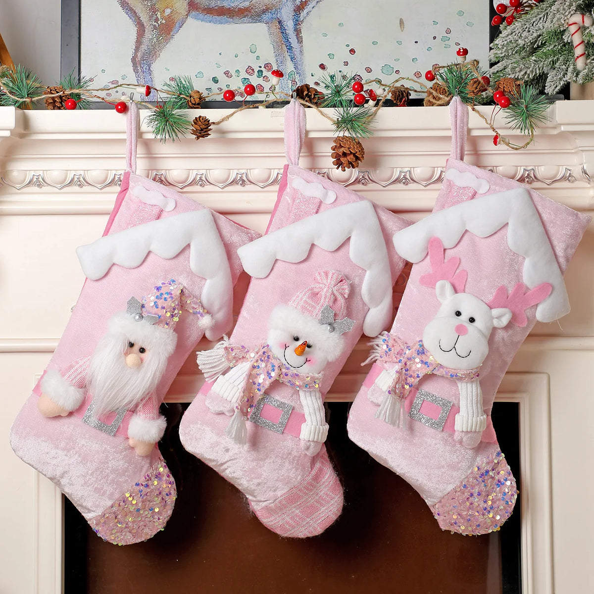Pink Christmas Stockings – Santa Claus, Snowman & Reindeer Holiday Stocking Decorations for Family, Xmas Parties, Navidad & Home Decor