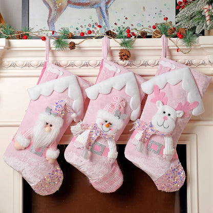 Pink Christmas Stockings – Santa Claus, Snowman & Reindeer Holiday Stocking Decorations for Family, Xmas Parties, Navidad & Home Decor