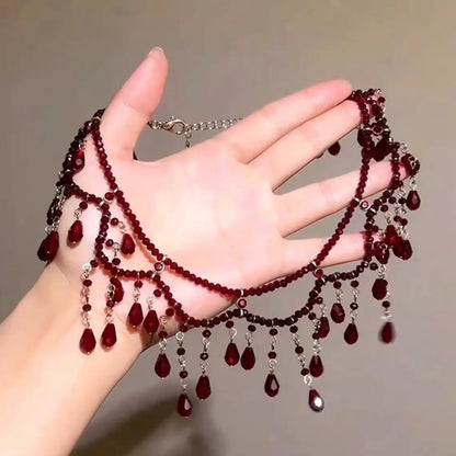 Red Teardrop Tassel Pearl Beaded Necklace – Multi-Layer Collarbone Chain for Women, Dark Elegant Statement Jewelry with Unique Design
