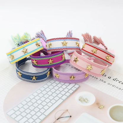Bohemian Star Tassel Bracelet – Handmade Woven Alloy Gold Rivet Wrist Strap for Women | Ethnic Fashion Jewelry Gift