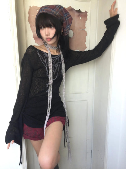 Karrram Japanese Y2K Knitted Top Grunge Tattoo Print Long Sleeve Ribbed Vintage Harajuku 2000s Gothic T-Shirt