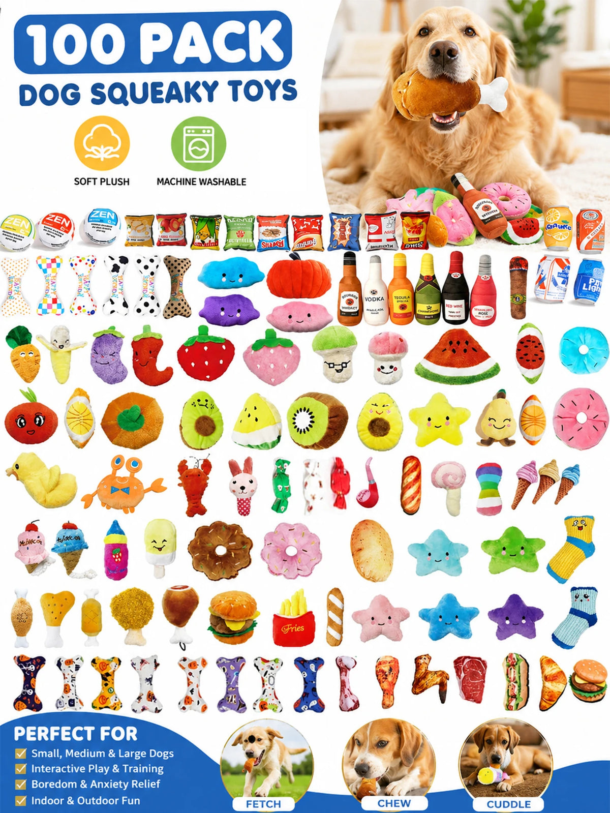 100PCS Random Plush & TPR Dog Toy Set – Knot Chew & Squeaky Toys for Teeth Cleaning, Teething, Chewing & Interactive Play