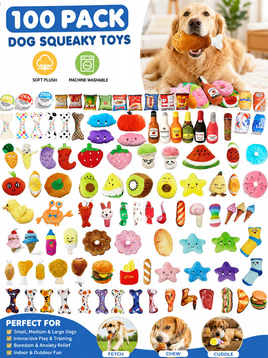 100PCS Random Plush & TPR Dog Toy Set – Knot Chew & Squeaky Toys for Teeth Cleaning, Teething, Chewing & Interactive Play