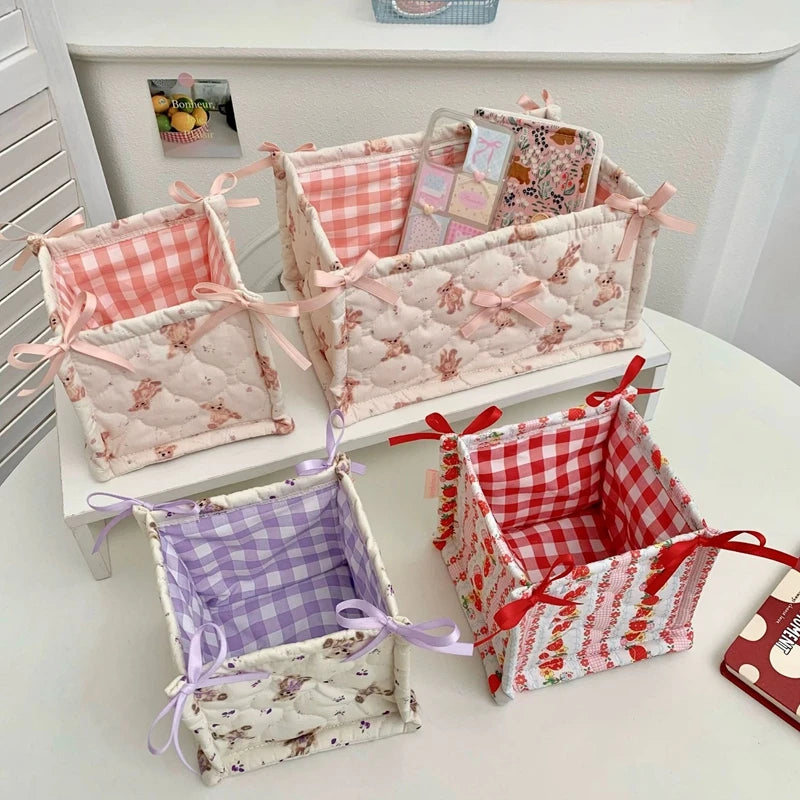 Cute Quilted Lace Storage Basket – Korean Desktop Organizer Bin for Cosmetics, Toys, Sundries & Home Décor