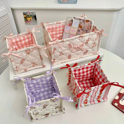 Cute Quilted Lace Storage Basket – Korean Desktop Organizer Bin for Cosmetics, Toys, Sundries & Home Décor