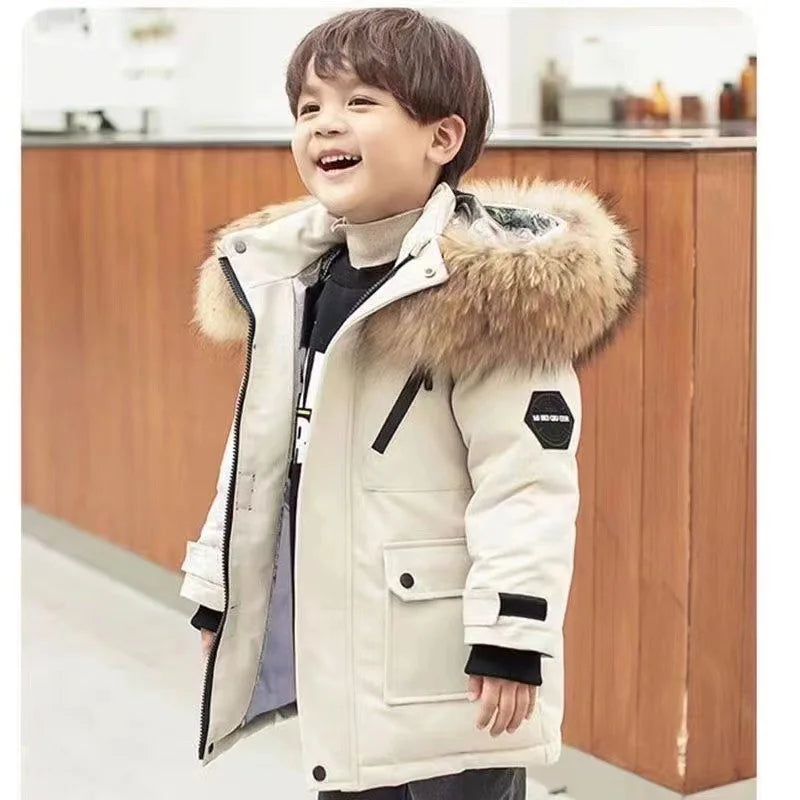 Kids’ Thick Velvet-Lined Winter Parka – Warm Cotton-Padded Coat with Fur Collar & Hood for Boys and Girls
