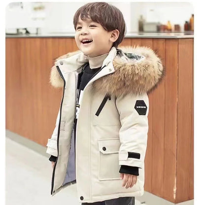 Kids’ Thick Velvet-Lined Winter Parka – Warm Cotton-Padded Coat with Fur Collar & Hood for Boys and Girls
