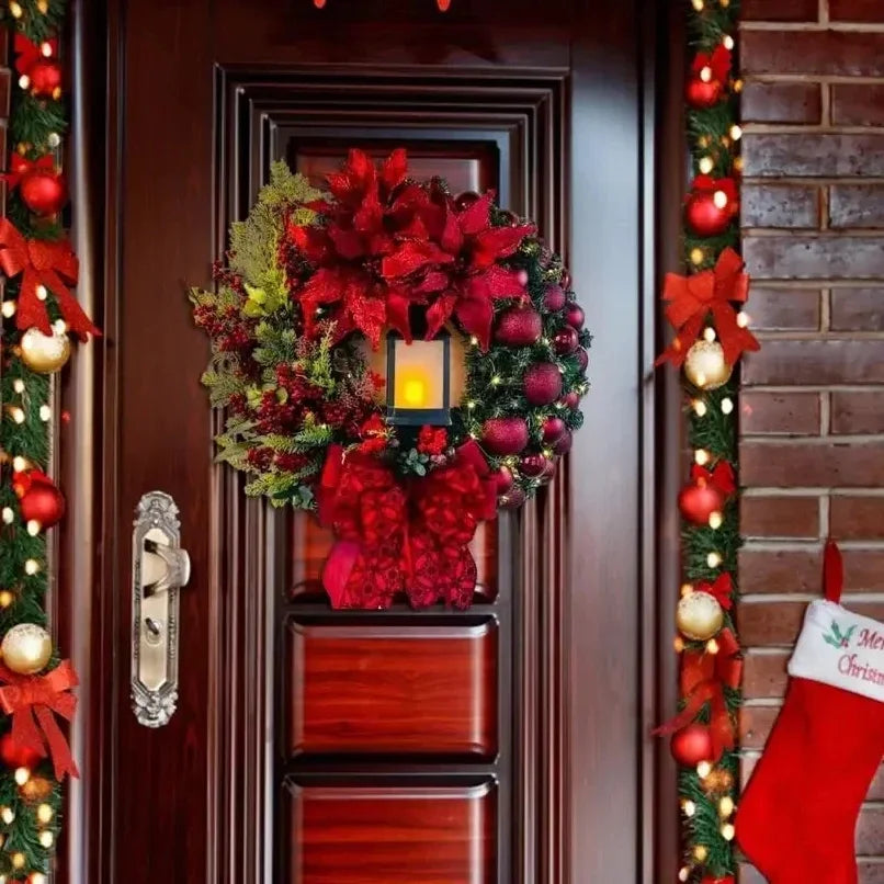 35CM Golden Christmas Wreath with Lights – Red Ball & Flower Garland Xmas Ornament for Front Door, Window & Wall Decor