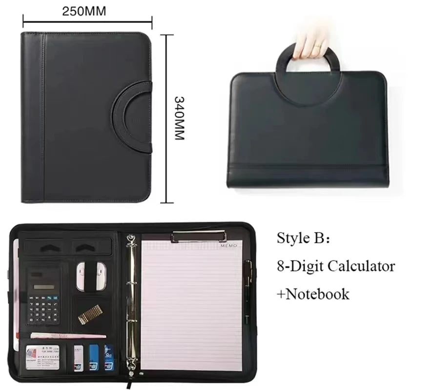 A4 PU Leather Zipper Portfolio Folder – Portable Conference File Organizer with Calculator Holder, Tablet Compartment & Handle