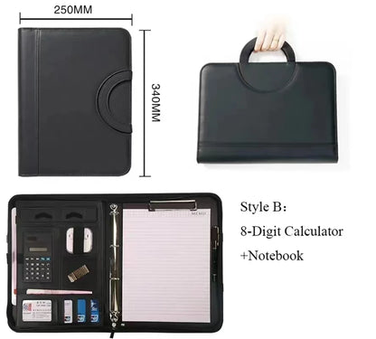 A4 PU Leather Zipper Portfolio Folder – Portable Conference File Organizer with Calculator Holder, Tablet Compartment & Handle