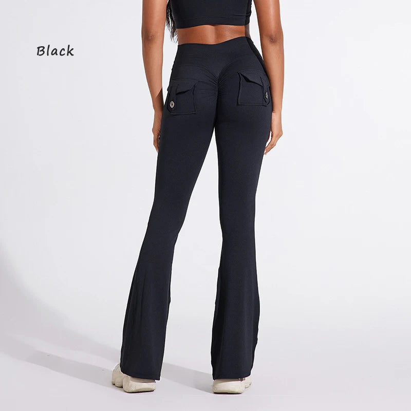 DIAS FIT JOY Pantalon de yoga évasé taille haute pour femme – Legging patte d'éléphant push-up avec poches, pantalon d'entraînement à séchage rapide pour la course, la gym, le fitness et l'exercice