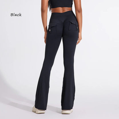 DIAS FIT JOY Pantalon de yoga évasé taille haute pour femme – Legging patte d'éléphant push-up avec poches, pantalon d'entraînement à séchage rapide pour la course, la gym, le fitness et l'exercice