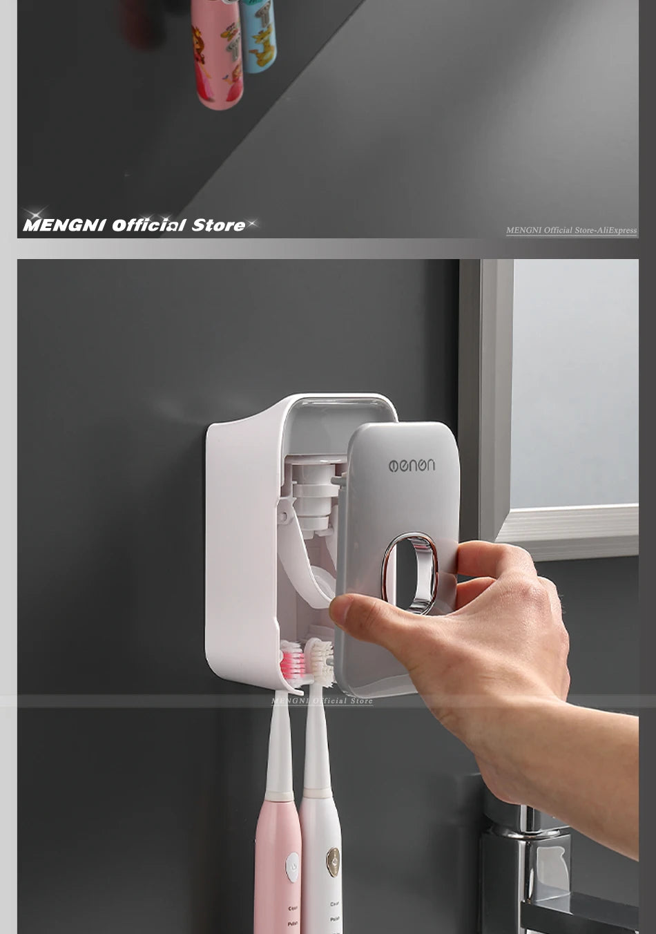 Dispensador de pasta de dientes MENGNI – Exprimidor de pasta dental montado en la pared para baño, soporte para cepillo de dientes sin taladros, organizador manual de bomba de pasta de dientes para almacenamiento y uso diario en el baño