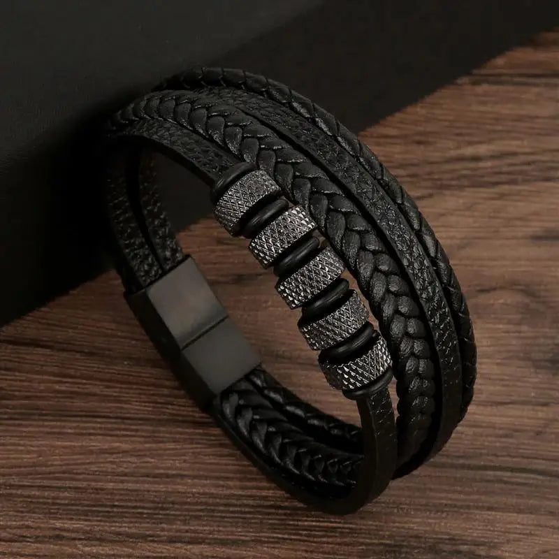 Pulsera de cuero clásica para hombre – Pulsera multicapa tejida a mano para hombre | Accesorio de joyería de moda casual, regalo