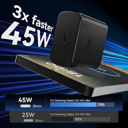 45W Super Fast Charger with USB-C Cable – Portable Fast Charging Adapter & Data Cable for Samsung Galaxy S25 Ultra, S24, S23, S22, S21 & Note 20