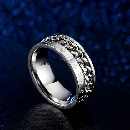 Roman Numeral Spinner Ring – Stainless Steel Chain Rotating Anxiety Fidget Ring for Men | Black Metal Stress Relief Jewelry