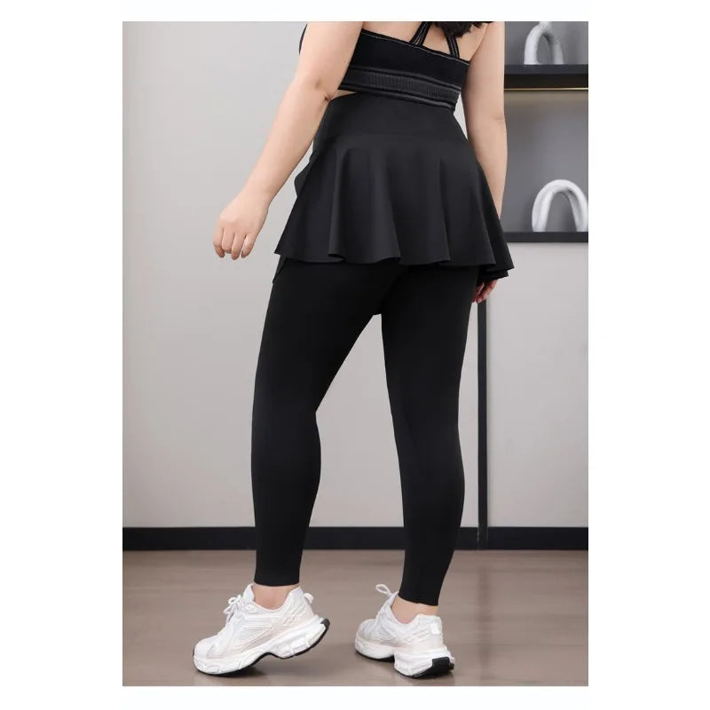 Plus Size Women's 2-in-1 Skirted Leggings – High-Waist Yoga & Training Pants with Pockets, Sharkskin Fabric & Faux Two-Piece Design
