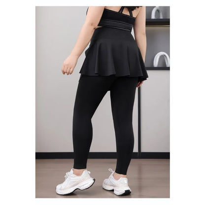 Plus Size Women's 2-in-1 Skirted Leggings – High-Waist Yoga & Training Pants with Pockets, Sharkskin Fabric & Faux Two-Piece Design