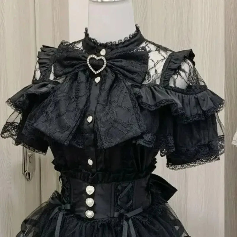 Blusa de mujer de encaje de manga corta estilo lolita japonés 2026, dulce, linda, ajustada, informal, a la moda, para uso diario
