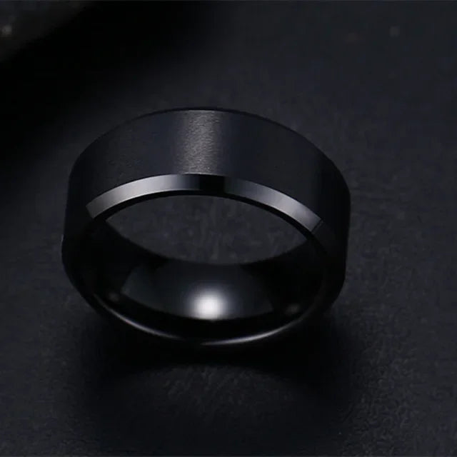 Anillo de dije de acero inoxidable negro – Banda mate de boda y compromiso para hombres y mujeres | Regalo de joyería de moda minimalista