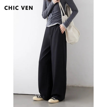CHIC VEN Women's Solid Trousers – Casual Straight-Leg & Wide-Leg Suit Pants for Spring & Autumn