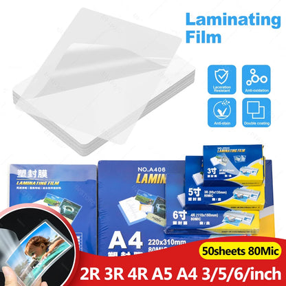50 Sheets Laminating Film – 80 Micron PET/EVA Thermal Lamination Pouches for 3R, 4R, 5R, A6, A5 & A4, Photos, Files, Cards & Menus