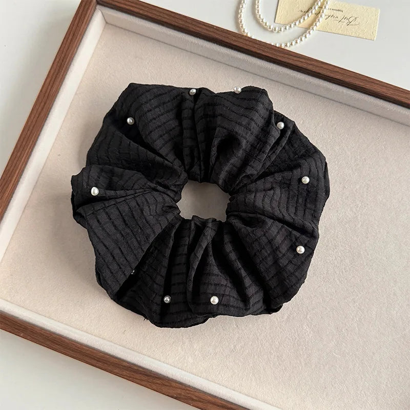 Korean Dot Satin Scrunchies – White & Black Silk Elastic Hair Ties for Women & Girls | Fashion Ponytail Hair Accessories