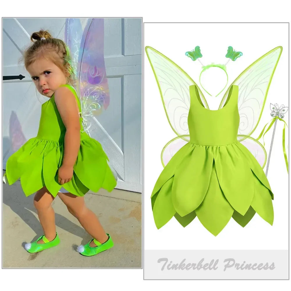 Tinker Bell Fairy Dress for Girls – Fantasy Forest Elf Green Leaf Cosplay Costume for Baby & Kids, Halloween Dress-Up