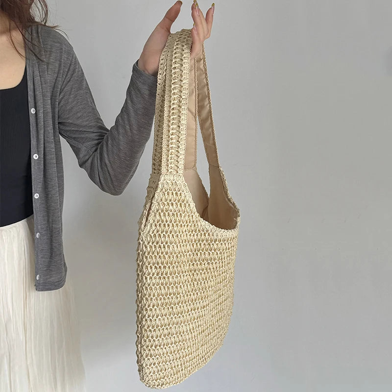 Sac à bandoulière en rotin tressé pour femmes – Grand sac cabas en paille tressée, sac de plage d'été pour femmes, sac de voyage décontracté pour les vacances, le shopping et un usage quotidien